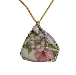 18k Rainbow Crystal Broken China Floral Violet Porcelain Ball Chain Necklace